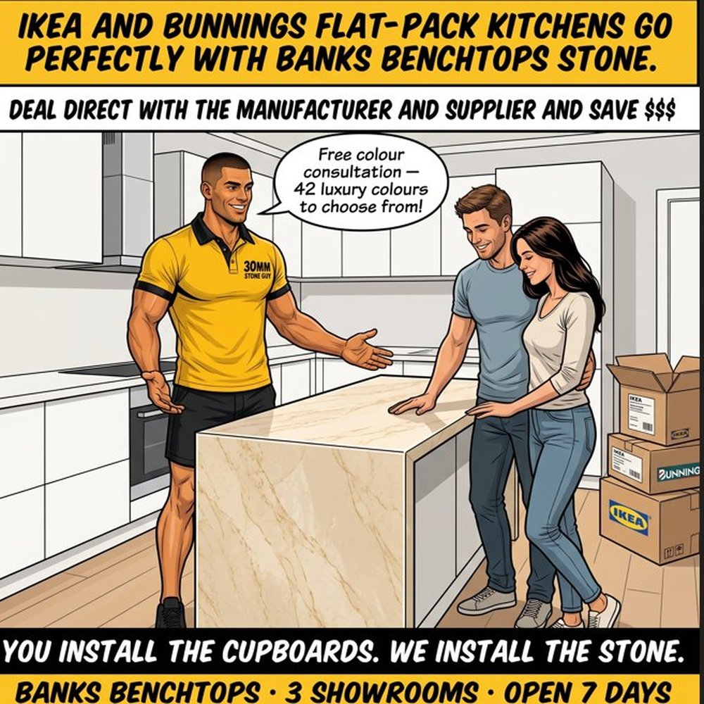 30mm Stone Guy — IKEA and Bunnings flatpack kitchens with Banks Benchtops stone